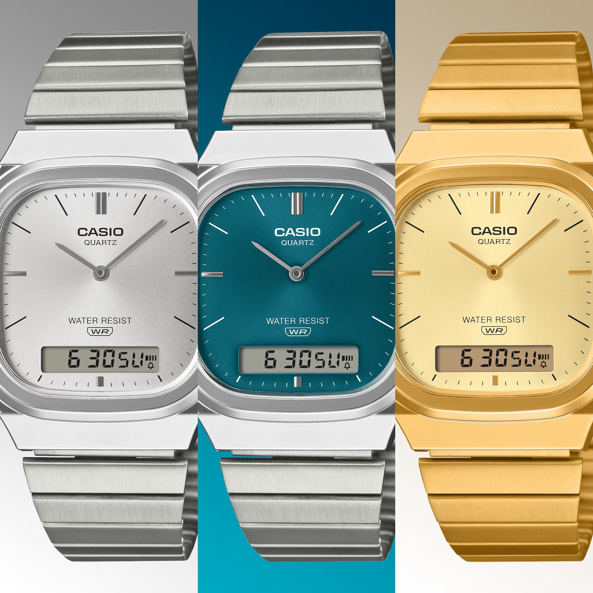 CASIO AQ-240 watches in silver, blue and gold
