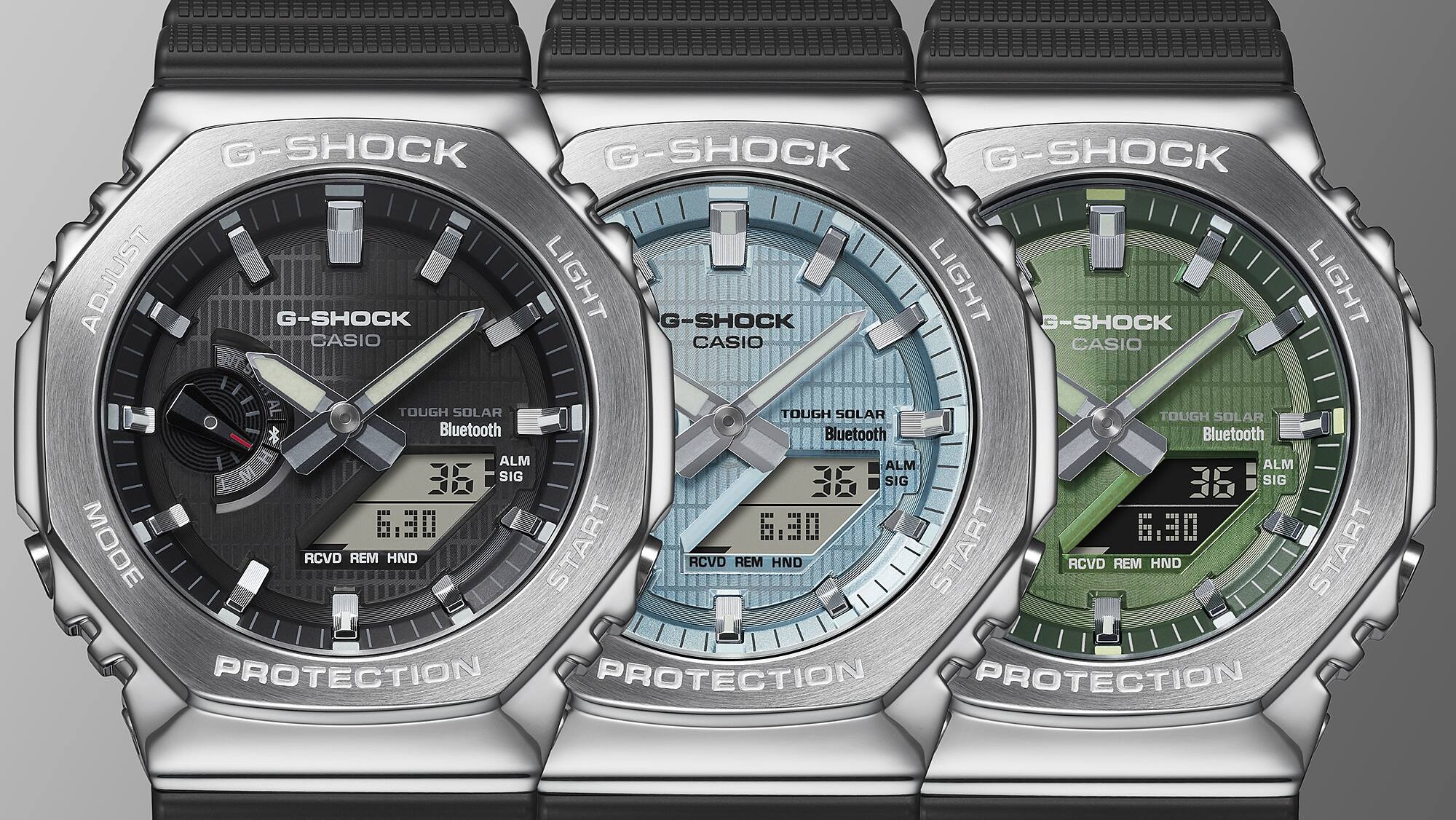 G-SHOCK GBM-2100 metal-covered watches in three colors